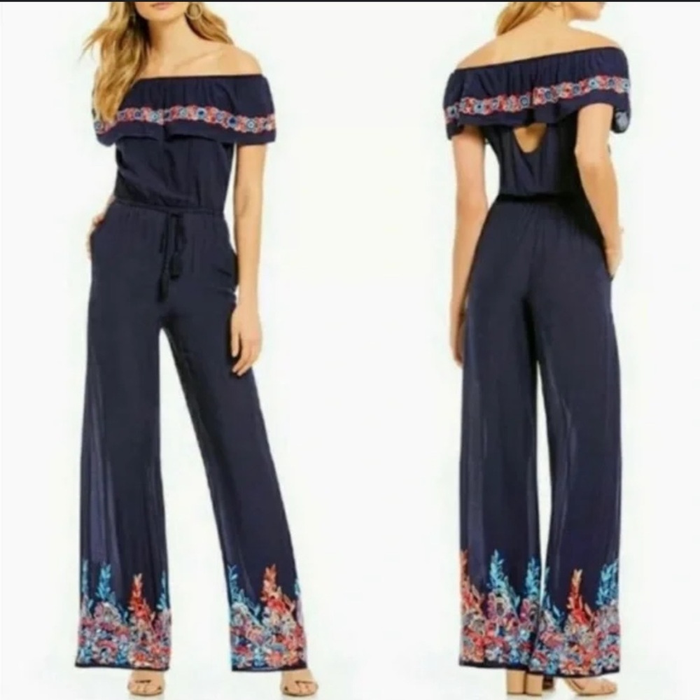 Chelsea & Violet Navy Blue Embroidered Off Shoulder Wide Leg Jumpsuit Small Boho